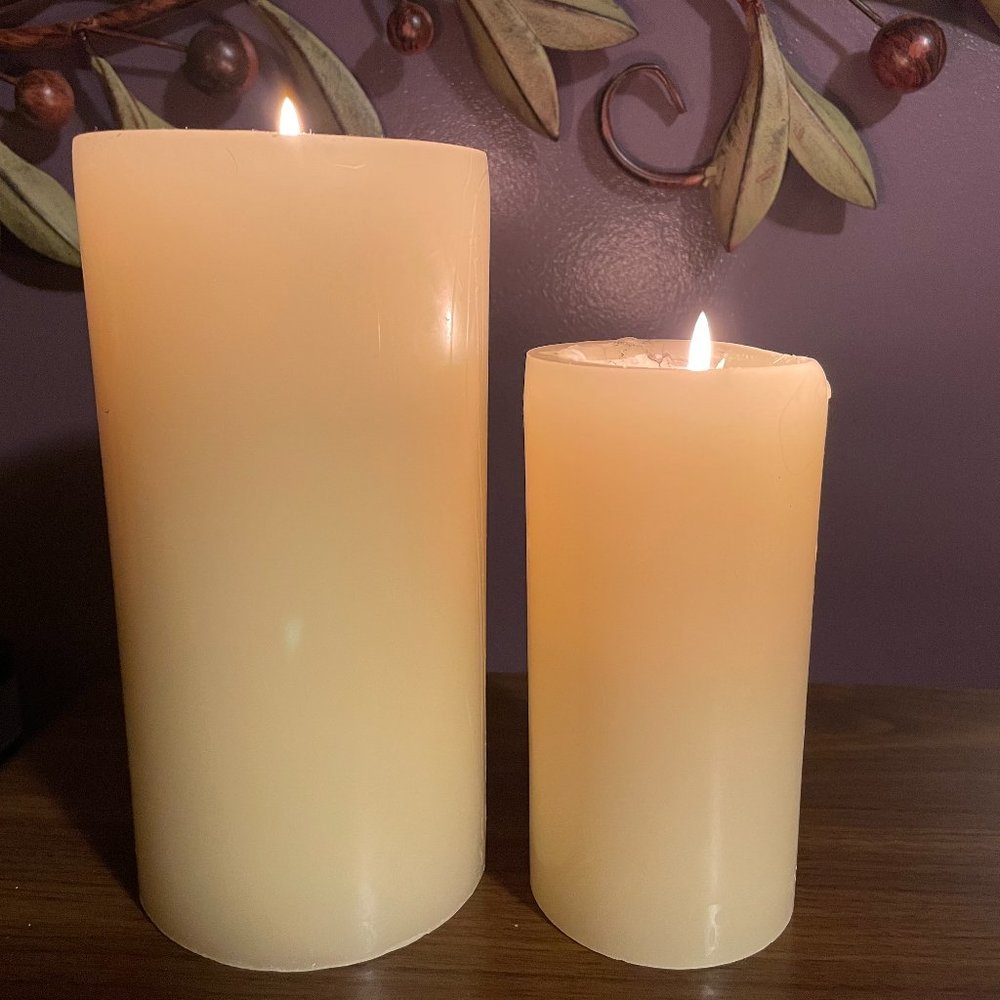 Two Large Unscented Ivory Pottery Barn Pillar Candles - Wedding Decor, 4x8 & 3x6